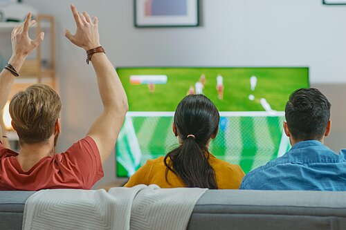 Photograph showing three people from behind, the person on the left has his hands in the air, the people are watching a football match on TV, the match is out of focus.
